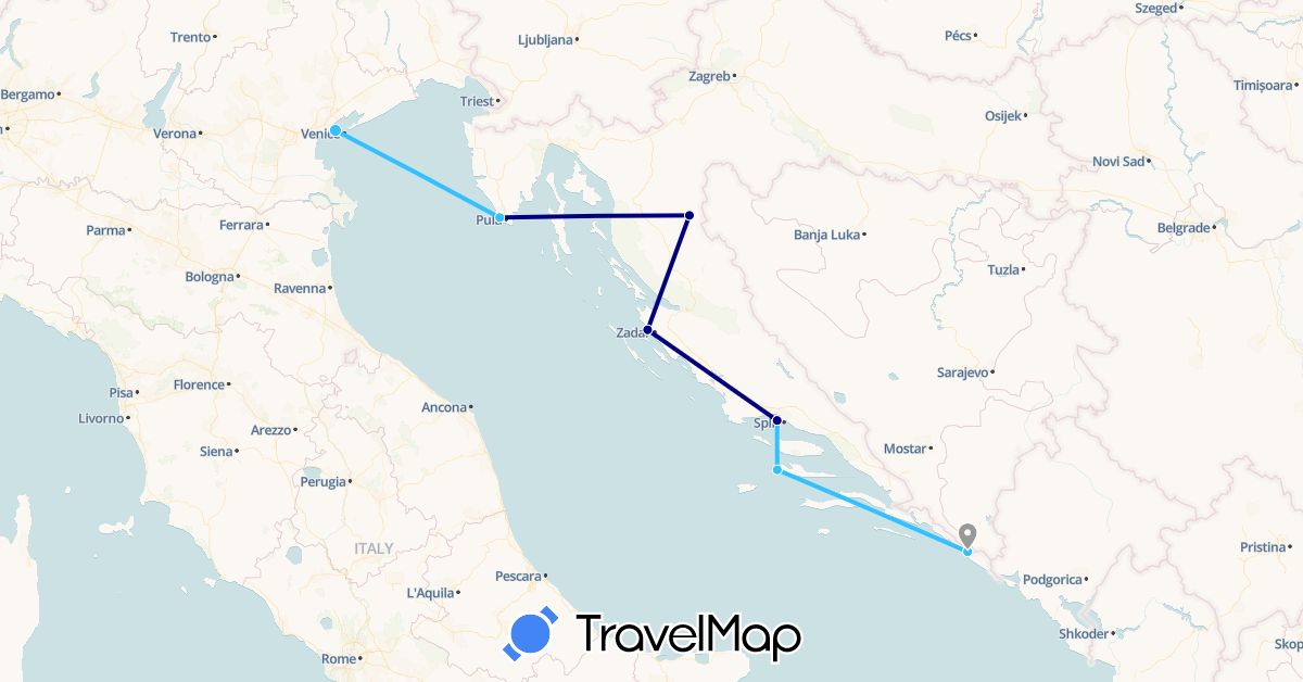 TravelMap itinerary: driving, plane, boat in Croatia, Italy (Europe)